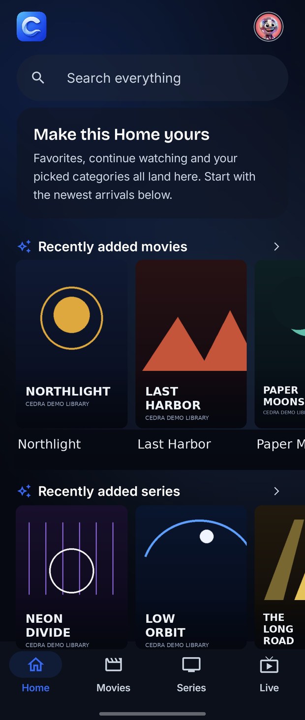 CEDRA's home screen: universal search and poster rails of recently added movies and series from the user's own catalog